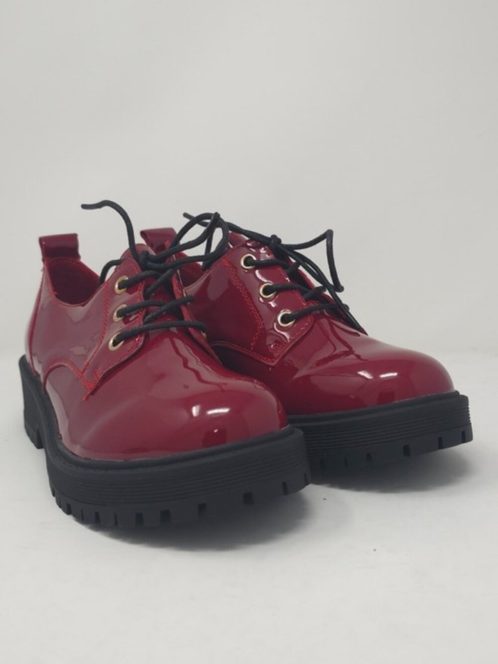 Chunky Faux Leather Platform Oxford Patent Red Pat Trendy Lug Sole Lace Up - Picture 2 of 10